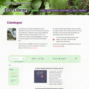 The home page of the Bowen Island Ecolibrary, show intro and search bars.