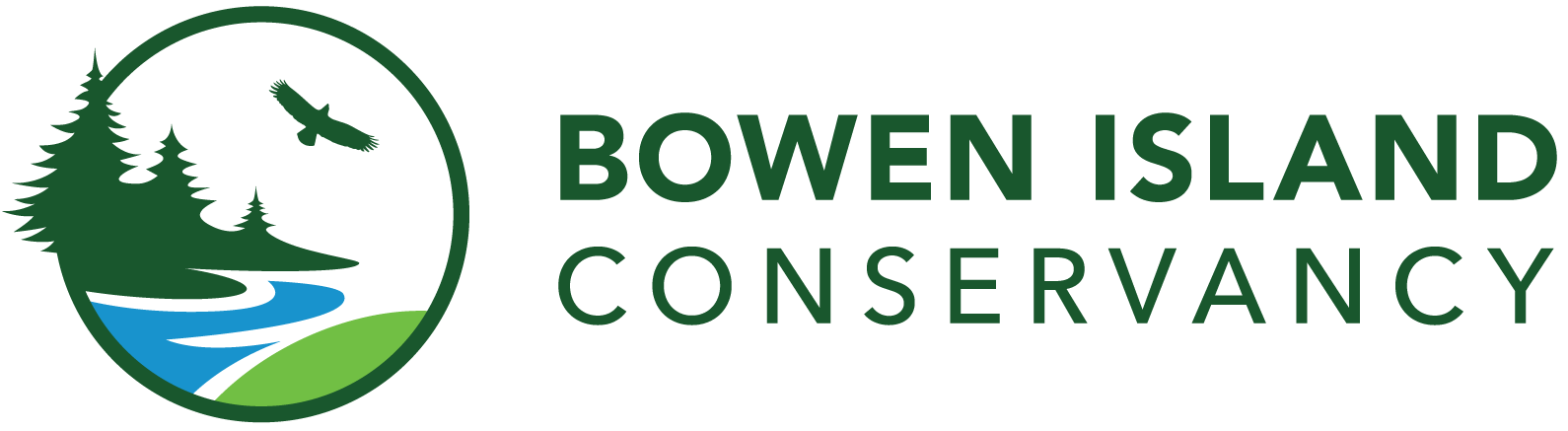 Logo: an eagle soars over a temperate rainforest where it meets the ocean and a small island.